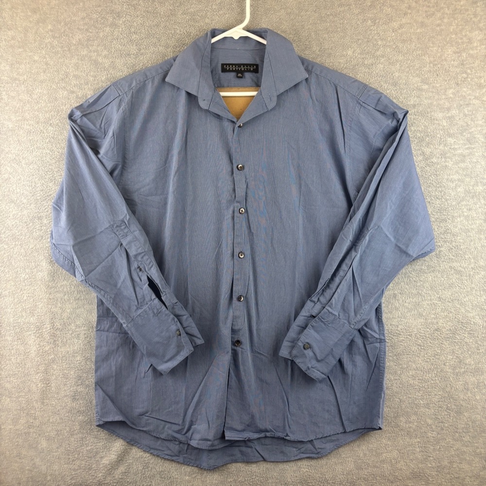 Perry Ellis Portfolio Button Down Mens 16.5 32/33 Blue Micro Stripe Long Sleeve